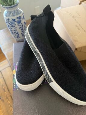 bernie mev. Black Terry Knit Slip-On Sneakers with White Sole